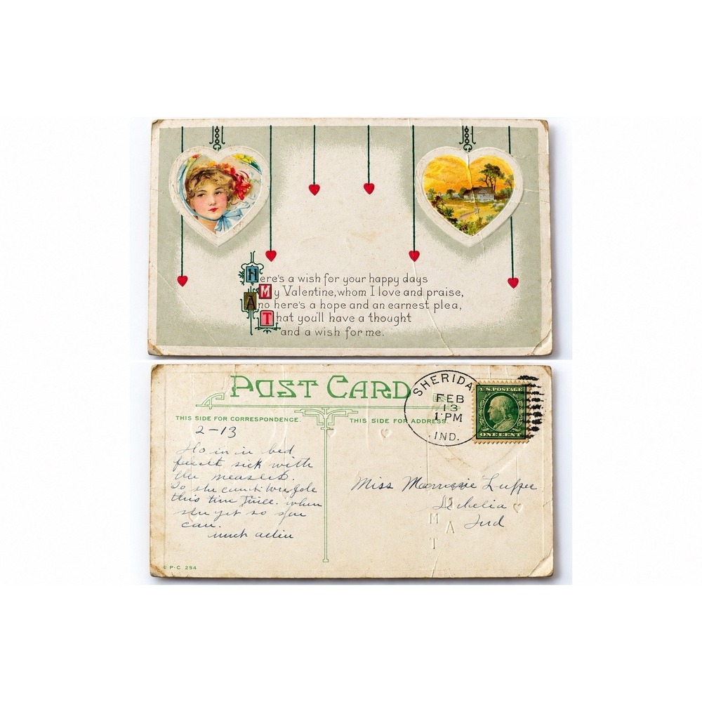 Antique 1910s Valentine Postcard Hearts Sweetheart Poem 1 Cent Stamp Postmarked